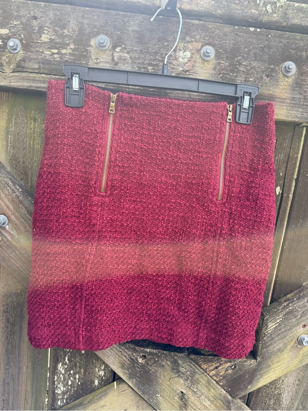 LOFT Wine Red Bouclé Mini Skirt with Gold Zippers